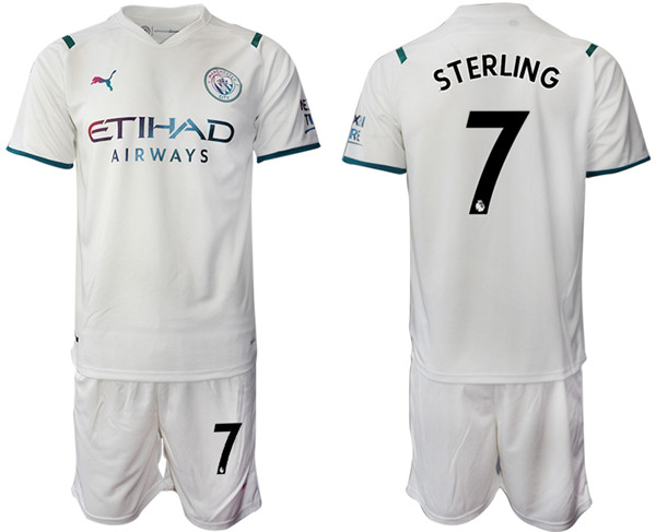 Men's Manchester City #7 Raheem Sterling 2021/22 White Away Soccer Jersey Suit